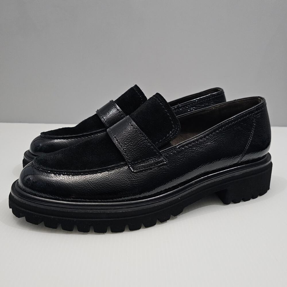 Paul Green Black Leather and Suede Lug Sole Loafers